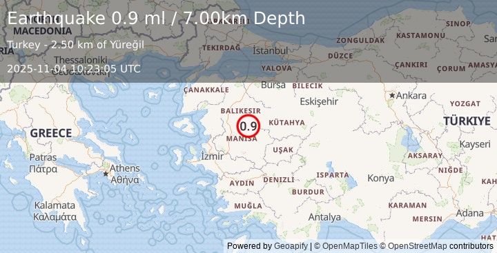 Earthquake WESTERN TURKEY (0.9 ml) (2025-11-04 10:23:05 UTC)