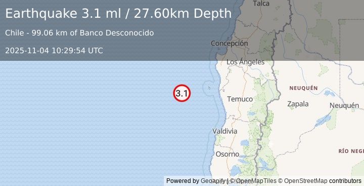 Earthquake OFF COAST OF ARAUCANIA, CHILE (3.1 ml) (2025-11-04 10:29:54 UTC)