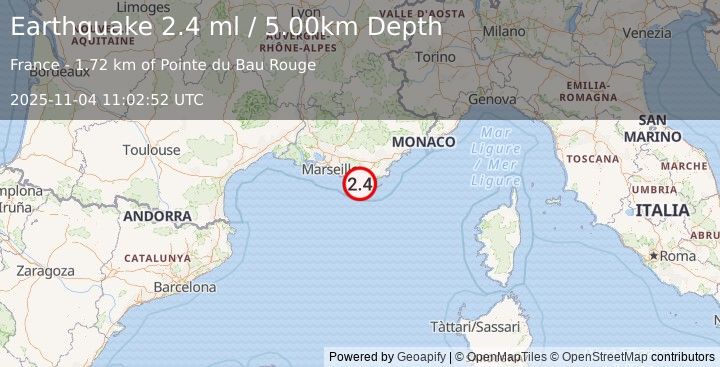 Earthquake NEAR SOUTH COAST OF FRANCE (2.2 ml) (2025-11-04 11:02:50 UTC)