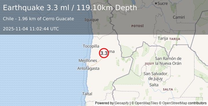 Earthquake ANTOFAGASTA, CHILE (3.3 ml) (2025-11-04 11:02:44 UTC)