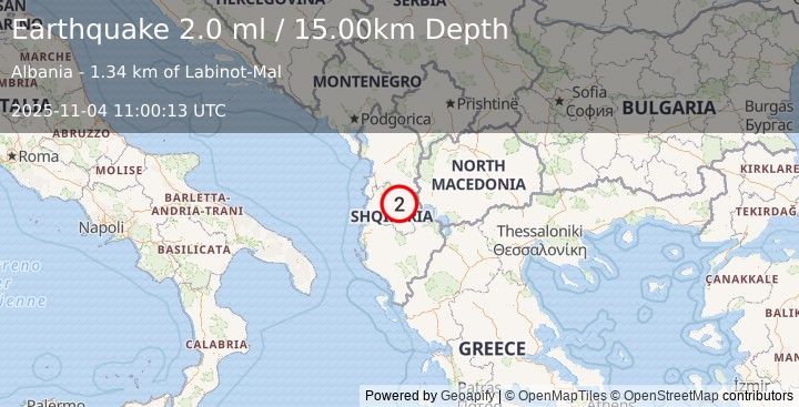 Earthquake ALBANIA (2.0 ml) (2025-11-04 11:00:13 UTC)