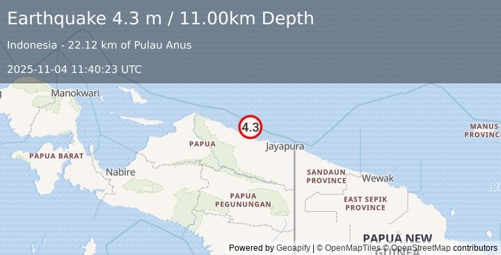Earthquake NEAR N COAST OF PAPUA, INDONESIA (4.3 m) (2025-11-04 11:40:23 UTC)