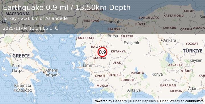 Earthquake WESTERN TURKEY (0.9 ml) (2025-11-04 11:34:03 UTC)