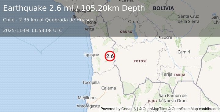 Earthquake TARAPACA, CHILE (2.6 ml) (2025-11-04 11:53:08 UTC)