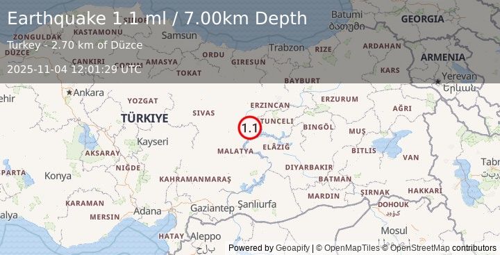 Earthquake EASTERN TURKEY (1.1 ml) (2025-11-04 12:01:29 UTC)
