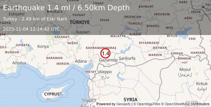 Earthquake CENTRAL TURKEY (1.4 ml) (2025-11-04 12:14:43 UTC)
