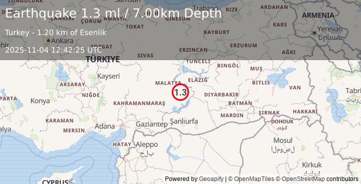 Earthquake EASTERN TURKEY (1.3 ml) (2025-11-04 12:42:25 UTC)