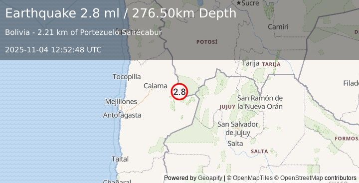 Earthquake POTOSI, BOLIVIA (2.8 ml) (2025-11-04 12:52:48 UTC)