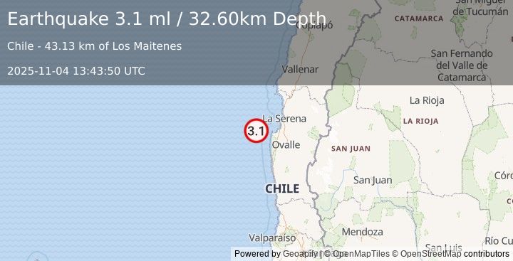 Earthquake OFFSHORE COQUIMBO, CHILE (3.1 ml) (2025-11-04 13:43:50 UTC)