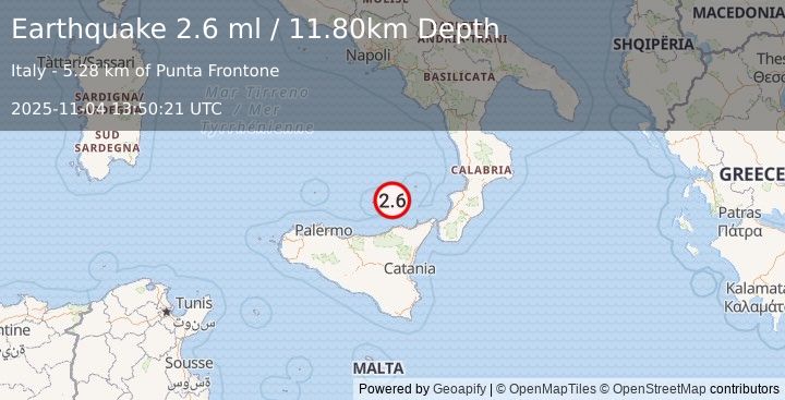Earthquake SICILY, ITALY (2.6 ml) (2025-11-04 13:50:21 UTC)