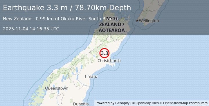 Earthquake SOUTH ISLAND OF NEW ZEALAND (3.3 m) (2025-11-04 14:16:35 UTC)