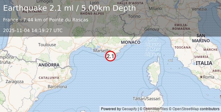 Earthquake NEAR SOUTH COAST OF FRANCE (2.1 ml) (2025-11-04 14:19:27 UTC)