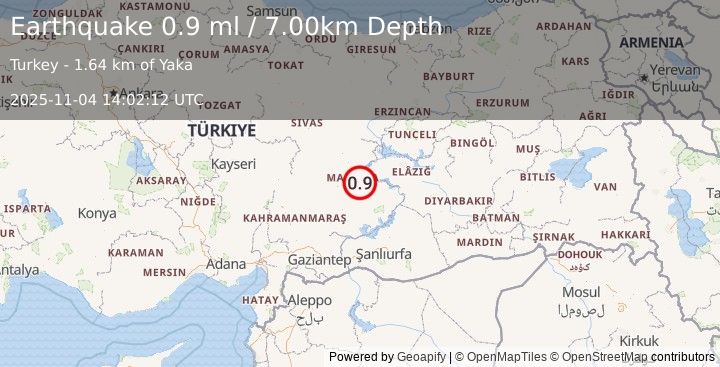 Earthquake EASTERN TURKEY (0.9 ml) (2025-11-04 14:02:12 UTC)