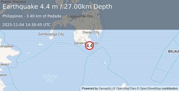 Earthquake MINDANAO, PHILIPPINES (4.4 m) (2025-11-04 14:30:45 UTC)