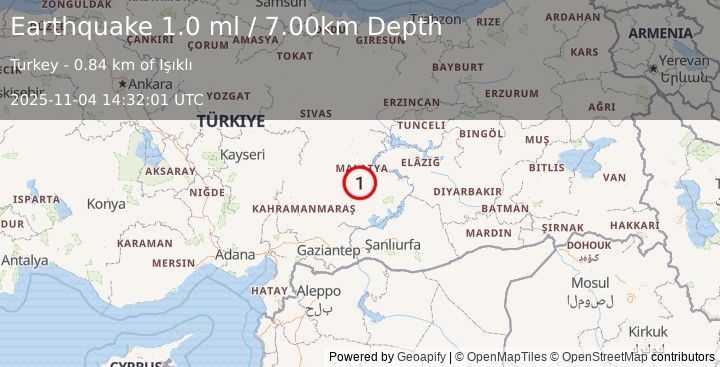 Earthquake EASTERN TURKEY (1.0 ml) (2025-11-04 14:32:01 UTC)