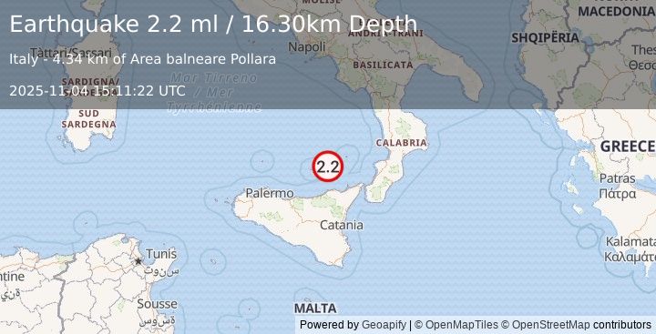 Earthquake SICILY, ITALY (2.2 ml) (2025-11-04 15:11:22 UTC)