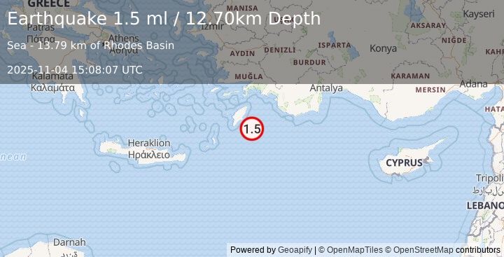 Earthquake EASTERN MEDITERRANEAN SEA (1.5 ml) (2025-11-04 15:08:07 UTC)