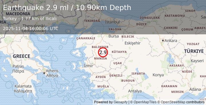 Earthquake WESTERN TURKEY (2.9 ml) (2025-11-04 16:00:06 UTC)