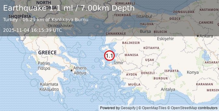 Earthquake NEAR THE COAST OF WESTERN TURKEY (1.1 ml) (2025-11-04 16:15:39 UTC)