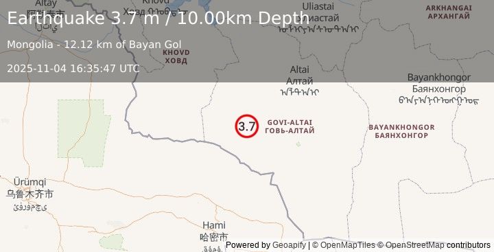 Earthquake WESTERN MONGOLIA (3.7 m) (2025-11-04 16:35:47 UTC)