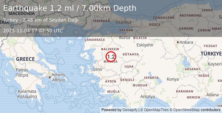 Earthquake WESTERN TURKEY (1.2 ml) (2025-11-04 17:02:50 UTC)