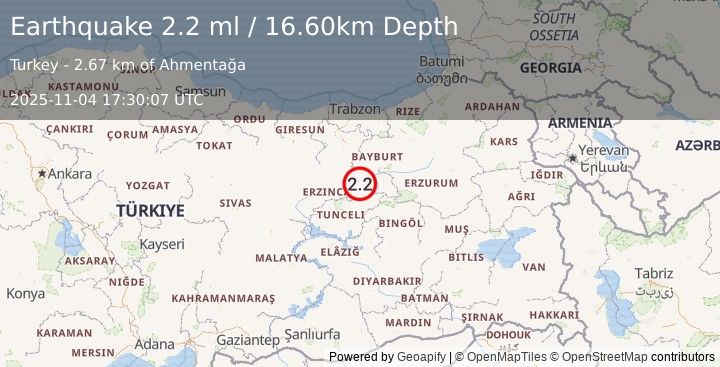 Earthquake EASTERN TURKEY (2.2 ml) (2025-11-04 17:30:07 UTC)
