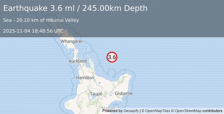 Earthquake OFF E. COAST OF N. ISLAND, N.Z. (3.6 ml) (2025-11-04 18:48:56 UTC)
