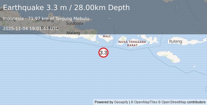 Earthquake SOUTH OF BALI, INDONESIA (3.3 m) (2025-11-04 19:01:43 UTC)