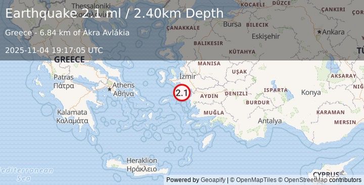 Earthquake DODECANESE ISLANDS, GREECE (2.0 ml) (2025-11-04 19:17:04 UTC)