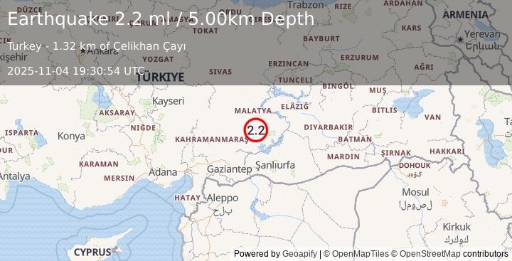 Earthquake EASTERN TURKEY (2.2 ml) (2025-11-04 19:30:54 UTC)