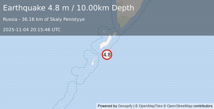 Earthquake KURIL ISLANDS (4.5 mb) (2025-11-04 20:15:54 UTC)