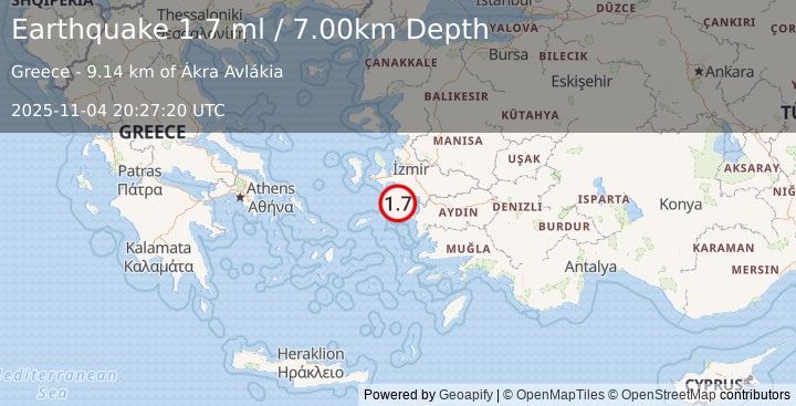 Earthquake DODECANESE ISLANDS, GREECE (1.7 ml) (2025-11-04 20:27:20 UTC)