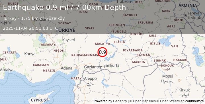 Earthquake EASTERN TURKEY (0.9 ml) (2025-11-04 20:51:03 UTC)