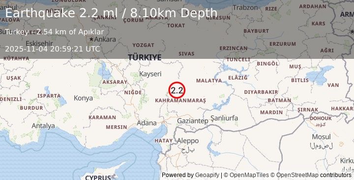 Earthquake CENTRAL TURKEY (2.2 ml) (2025-11-04 20:59:21 UTC)