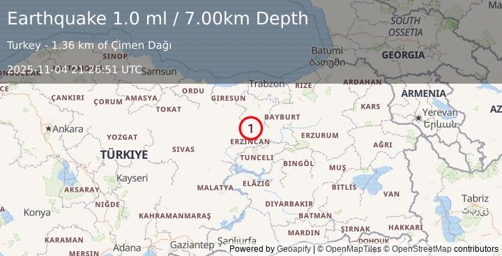 Earthquake EASTERN TURKEY (1.0 ml) (2025-11-04 21:26:51 UTC)
