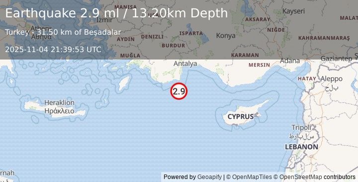 Earthquake EASTERN MEDITERRANEAN SEA (2.9 ml) (2025-11-04 21:39:54 UTC)