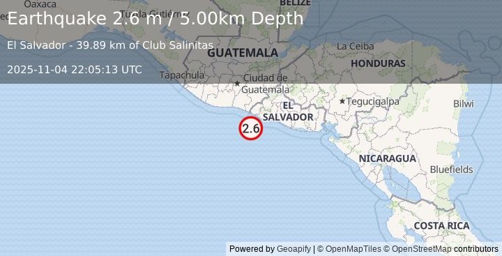 Earthquake OFFSHORE EL SALVADOR (2.6 m) (2025-11-04 22:04:59 UTC)