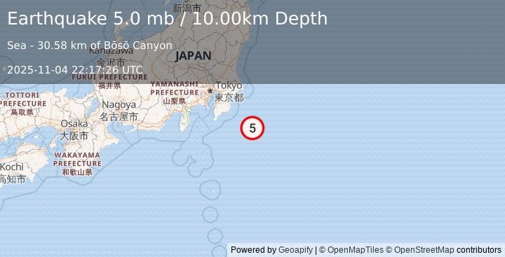 Earthquake NEAR EAST COAST OF HONSHU, JAPAN (4.7 mw) (2025-11-04 22:17:29 UTC)