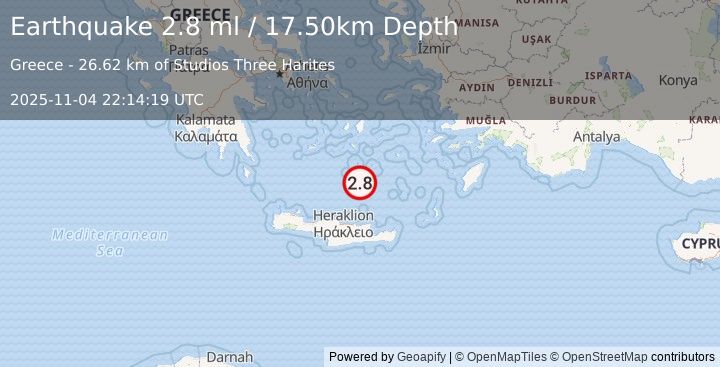 Earthquake DODECANESE ISLANDS, GREECE (2.8 ml) (2025-11-04 22:14:19 UTC)