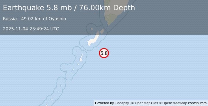Earthquake KURIL ISLANDS (5.7 mb) (2025-11-04 23:49:26 UTC)