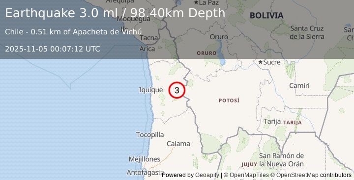 Earthquake TARAPACA, CHILE (3.0 ml) (2025-11-05 00:07:12 UTC)
