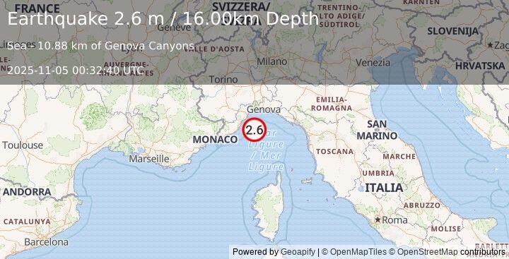 Earthquake LIGURIAN SEA (2.6 m) (2025-11-05 00:32:39 UTC)
