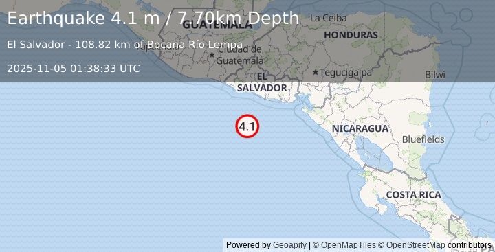 Earthquake OFF THE COAST OF EL SALVADOR (4.1 m) (2025-11-05 01:38:33 UTC)