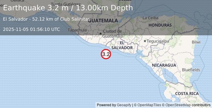 Earthquake OFFSHORE EL SALVADOR (3.2 m) (2025-11-05 01:56:10 UTC)