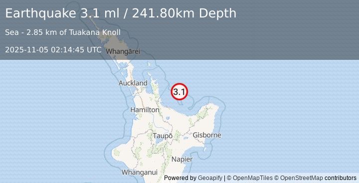 Earthquake NORTH ISLAND OF NEW ZEALAND (3.1 ml) (2025-11-05 02:14:45 UTC)
