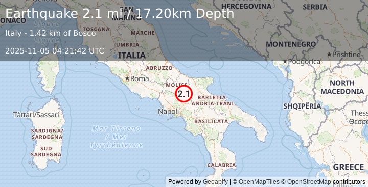 Earthquake SOUTHERN ITALY (2.1 ml) (2025-11-05 04:21:42 UTC)