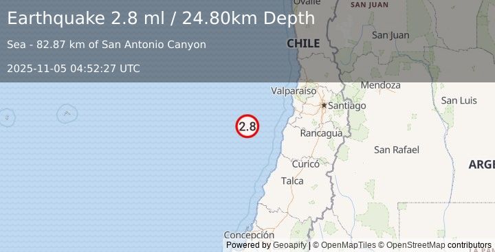Earthquake OFF COAST OF VALPARAISO, CHILE (2.8 ml) (2025-11-05 04:52:27 UTC)