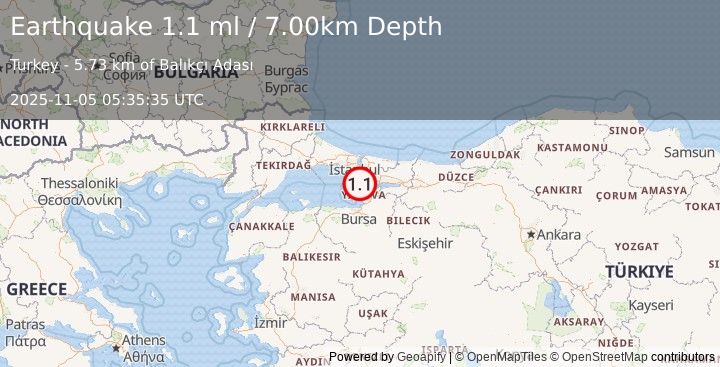 Earthquake WESTERN TURKEY (1.1 ml) (2025-11-05 05:35:35 UTC)