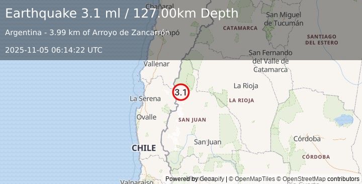 Earthquake SAN JUAN, ARGENTINA (3.1 ml) (2025-11-05 06:14:22 UTC)