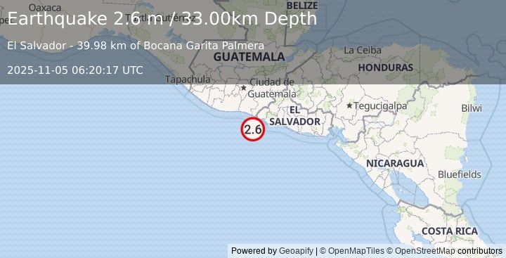 Earthquake OFFSHORE EL SALVADOR (2.6 m) (2025-11-05 06:20:17 UTC)